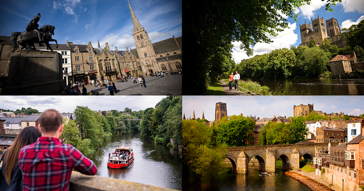 Durham City market place, couple walking along River Wear Durham City, couple overlooking River Wear and Elvet Bridge.